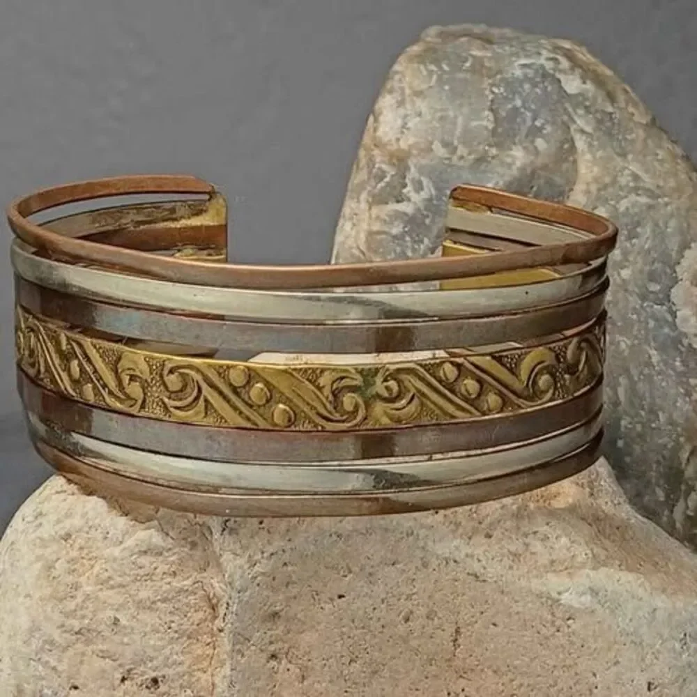 Vintage Tri Tone Mixed Metal Embossed Cuff Bracelet Artisan